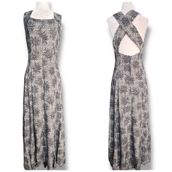 Vintage Dresses & Skirts - Vintage 90s All That Jazz Abstract Floral Maxi Dress Open Cross Back Black